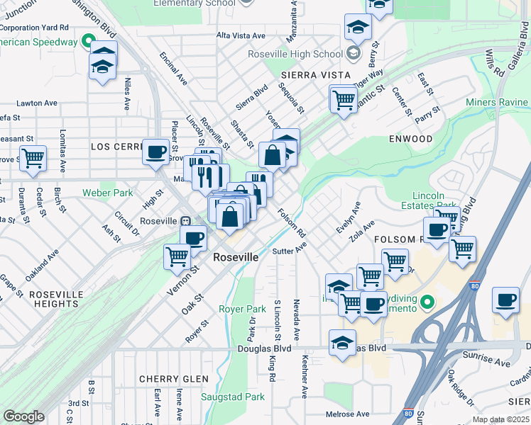 map of restaurants, bars, coffee shops, grocery stores, and more near 209 Walnut Street in Roseville