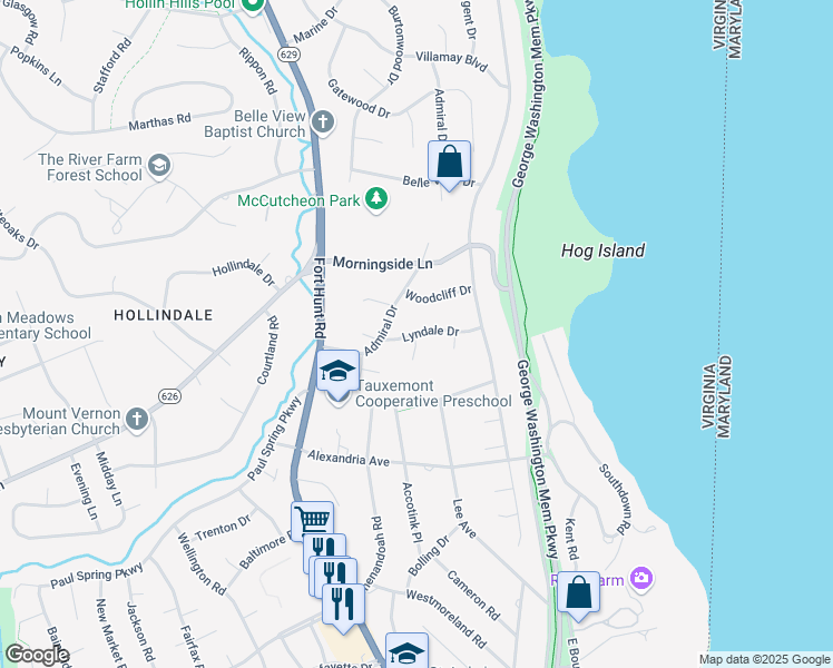 map of restaurants, bars, coffee shops, grocery stores, and more near 1177 Lyndale Drive in Fort Hunt