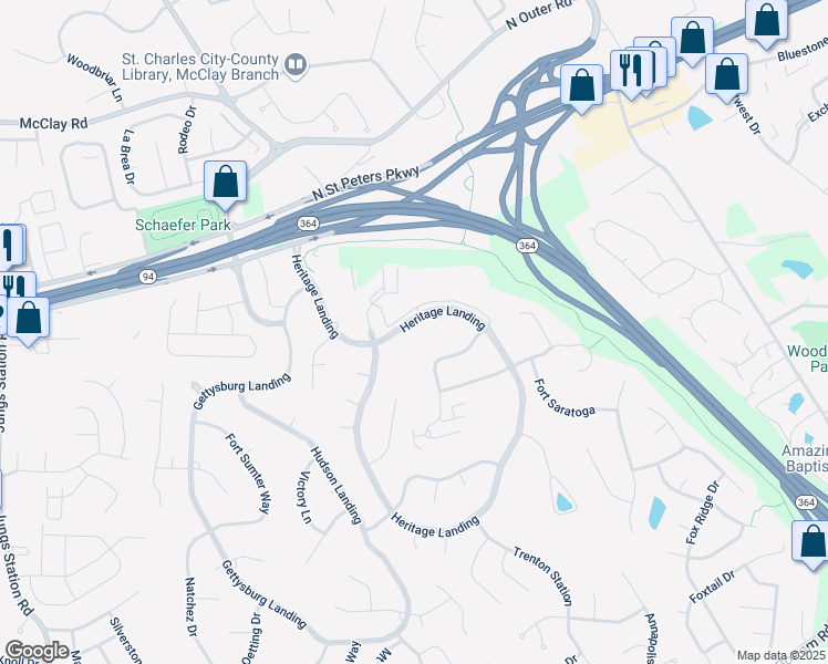 map of restaurants, bars, coffee shops, grocery stores, and more near 1465 Heritage Landing in Saint Charles