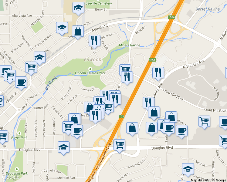 map of restaurants, bars, coffee shops, grocery stores, and more near in Roseville