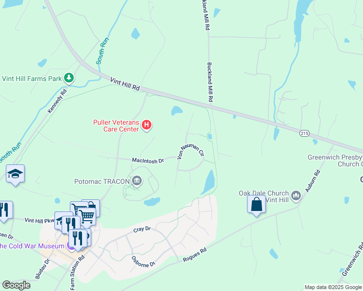 map of restaurants, bars, coffee shops, grocery stores, and more near 4043 Von Neuman Circle in Warrenton