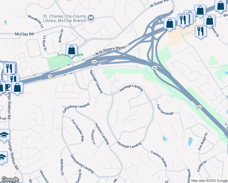 map of restaurants, bars, coffee shops, grocery stores, and more near 1446 Heritage Court in Saint Charles