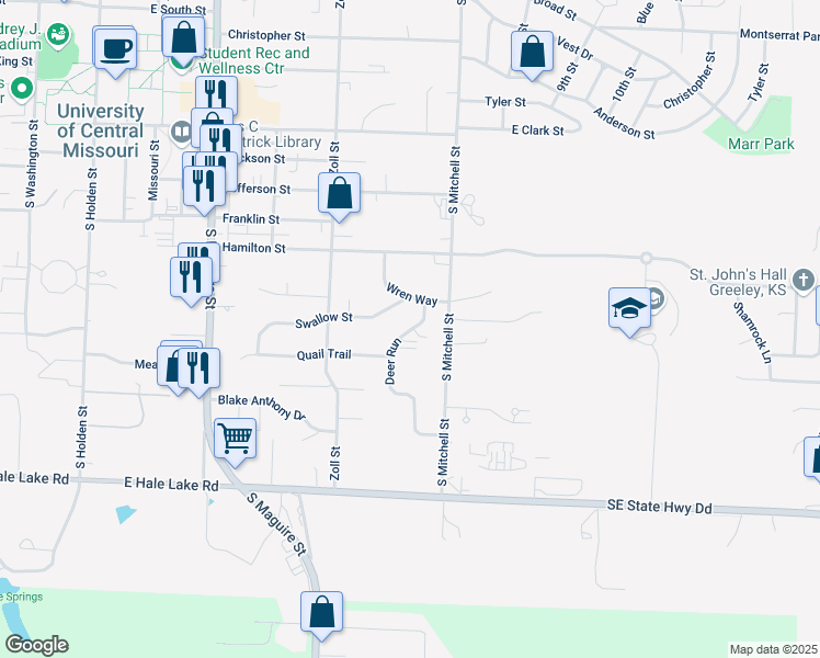 map of restaurants, bars, coffee shops, grocery stores, and more near 518 Swallow Street in Warrensburg