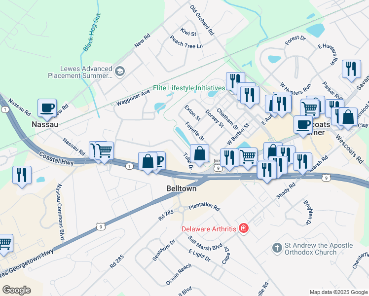 map of restaurants, bars, coffee shops, grocery stores, and more near 109 Tulip Drive in Lewes