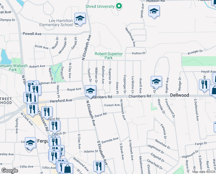 map of restaurants, bars, coffee shops, grocery stores, and more near 305 Superior Drive in St. Louis