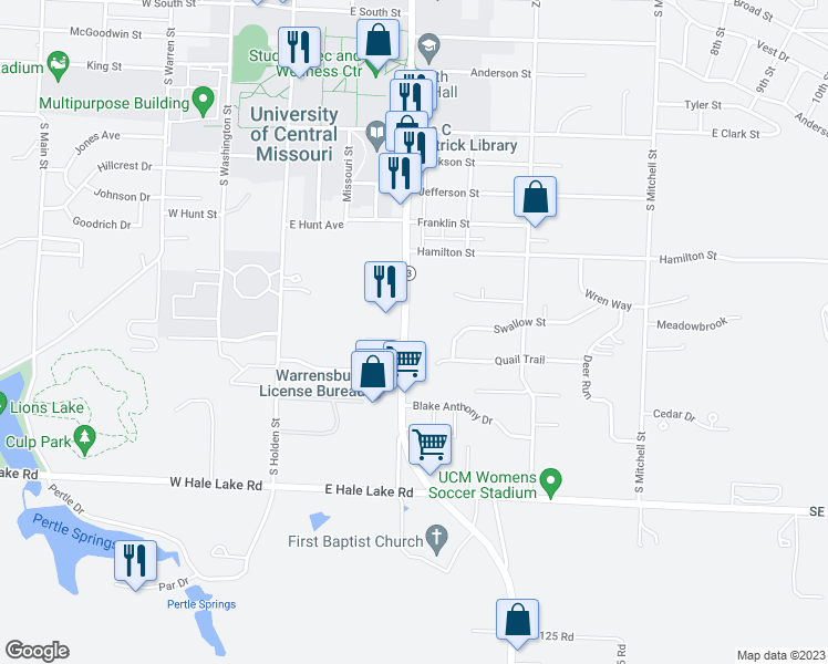 map of restaurants, bars, coffee shops, grocery stores, and more near 825 South Maguire Street in Warrensburg