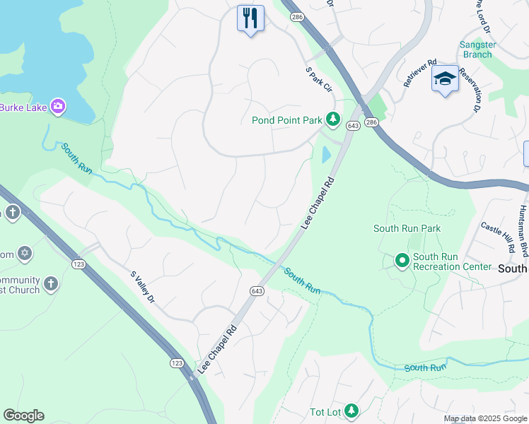 map of restaurants, bars, coffee shops, grocery stores, and more near 9717 Rambling Ridge Court in Fairfax Station