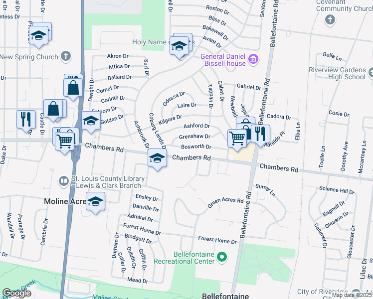map of restaurants, bars, coffee shops, grocery stores, and more near 1212 Bosworth Drive in St. Louis