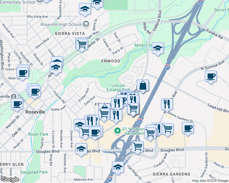 map of restaurants, bars, coffee shops, grocery stores, and more near 331 James Drive in Roseville