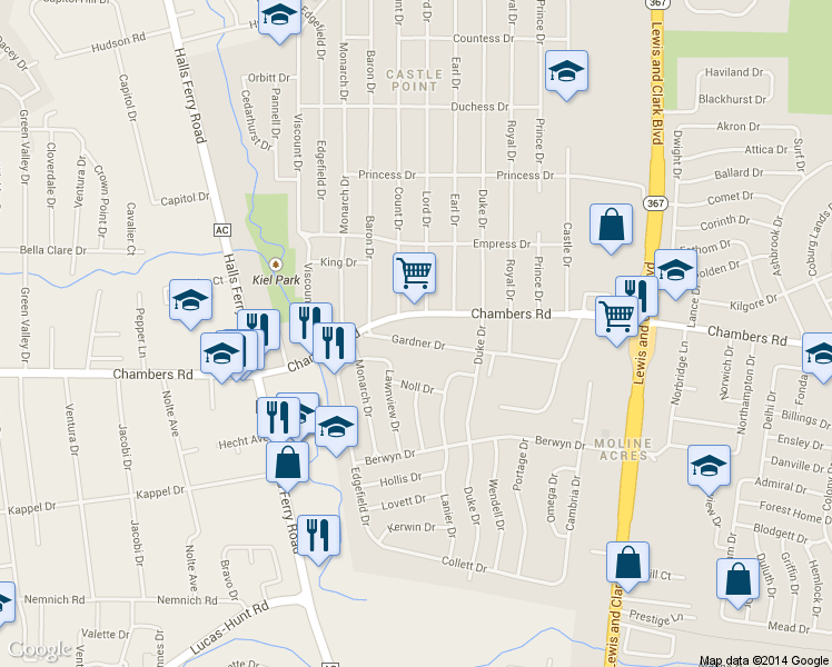 map of restaurants, bars, coffee shops, grocery stores, and more near 2317 Gardner Drive in St. Louis
