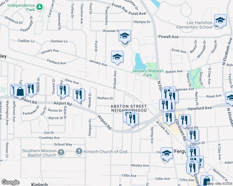 map of restaurants, bars, coffee shops, grocery stores, and more near 333 North Dade Avenue in Ferguson