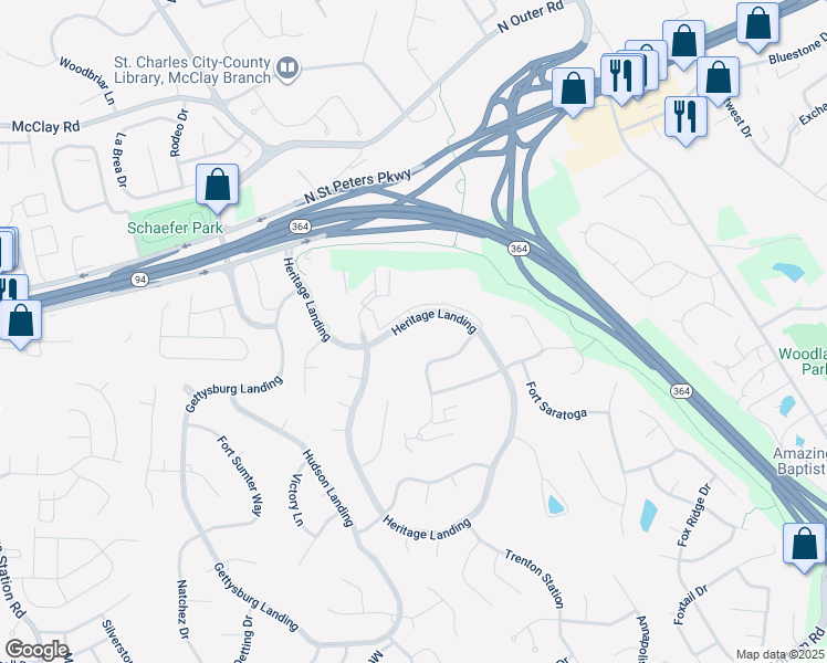 map of restaurants, bars, coffee shops, grocery stores, and more near 1435 Heritage Landing in Saint Charles