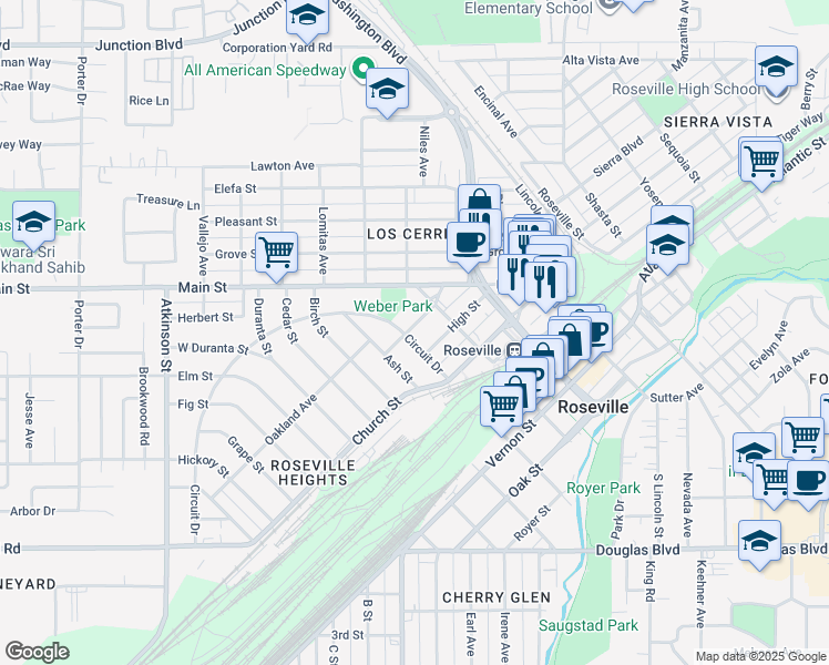 map of restaurants, bars, coffee shops, grocery stores, and more near 314 Berkeley Avenue in Roseville