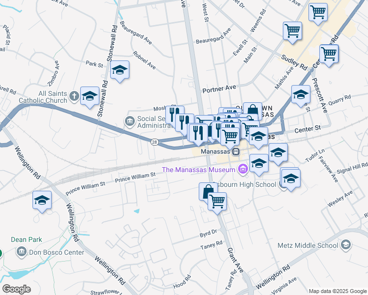 map of restaurants, bars, coffee shops, grocery stores, and more near Center Street in Manassas