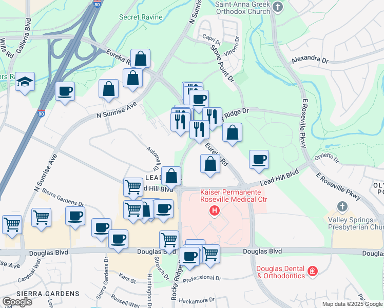 map of restaurants, bars, coffee shops, grocery stores, and more near 1485 Eureka Road in Roseville