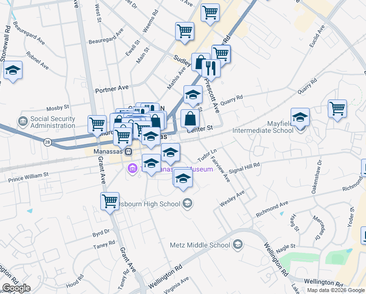 map of restaurants, bars, coffee shops, grocery stores, and more near 9004 Prince William Street in Manassas