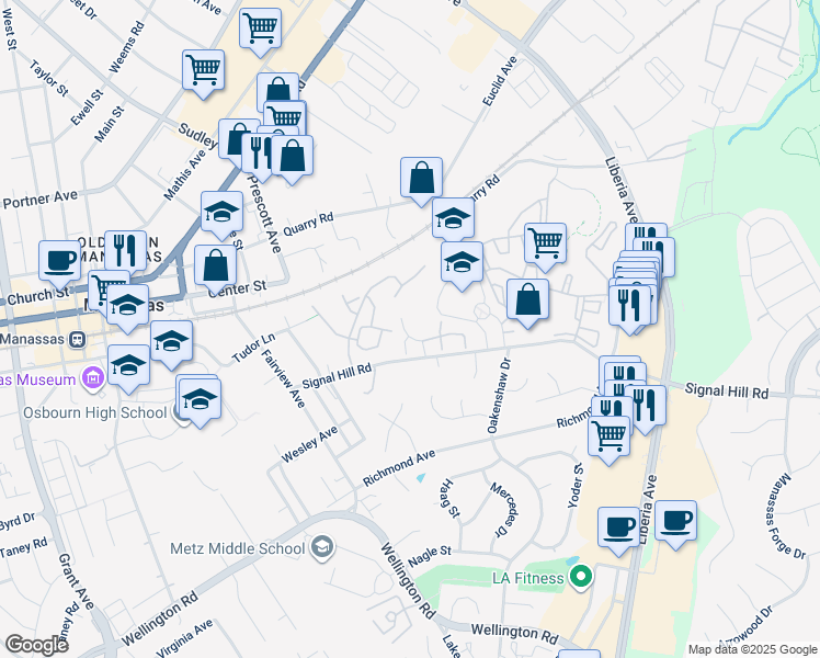map of restaurants, bars, coffee shops, grocery stores, and more near 8638 Sanderling Drive in Manassas