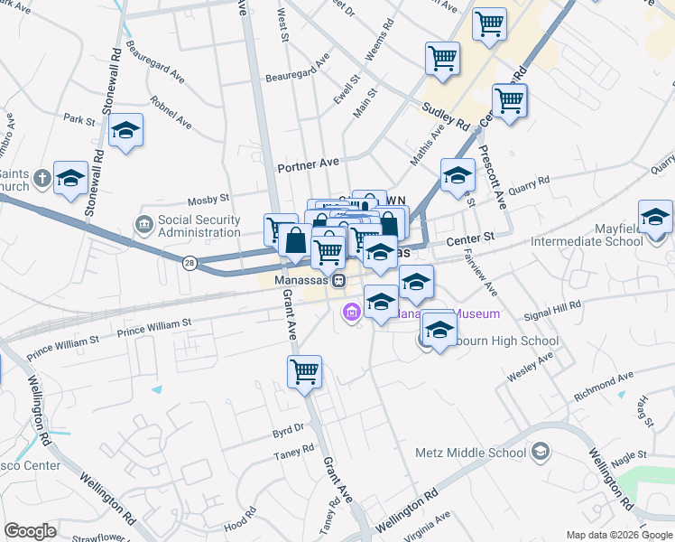 map of restaurants, bars, coffee shops, grocery stores, and more near 9416 Battle Street in Manassas