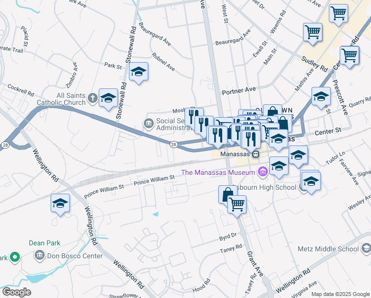 map of restaurants, bars, coffee shops, grocery stores, and more near Center Street in Manassas
