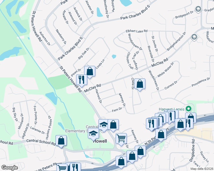 map of restaurants, bars, coffee shops, grocery stores, and more near 4307 McClay Road in Saint Charles