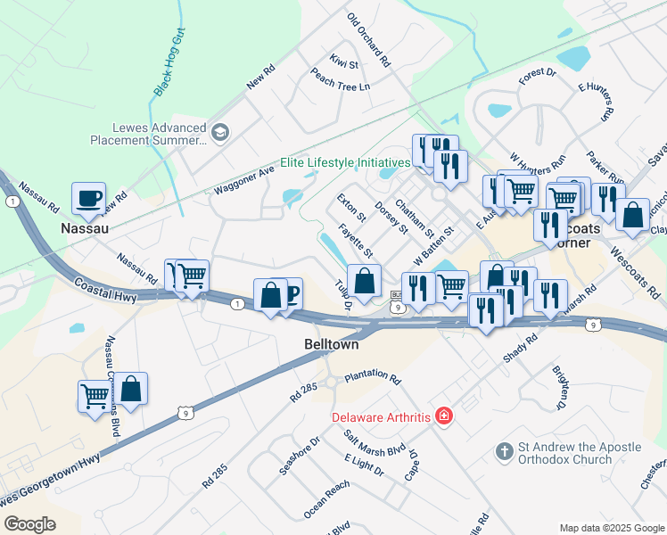 map of restaurants, bars, coffee shops, grocery stores, and more near 109 Tulip Drive in Lewes