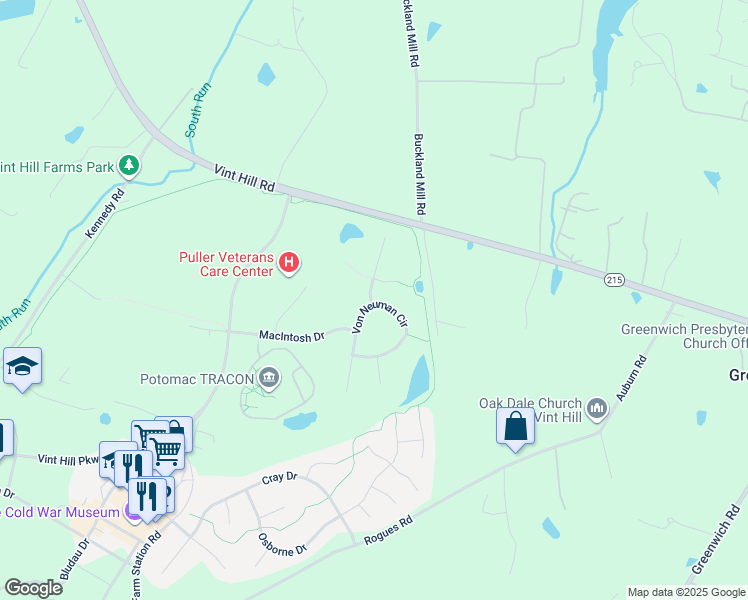 map of restaurants, bars, coffee shops, grocery stores, and more near 6755 Eckert Court in Warrenton
