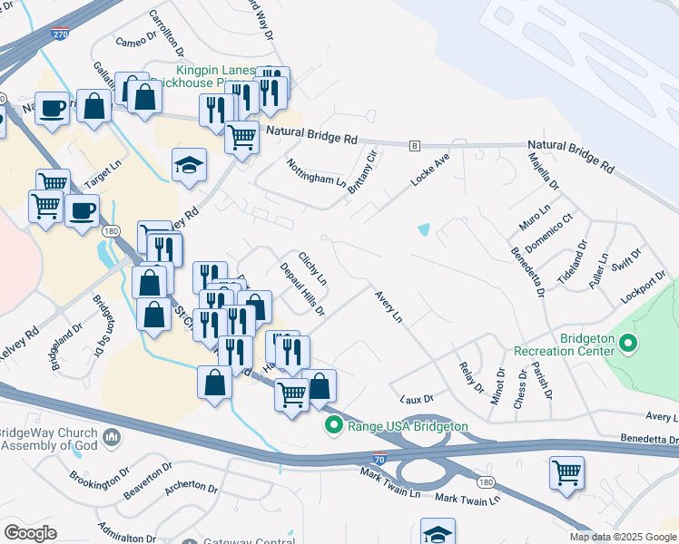 map of restaurants, bars, coffee shops, grocery stores, and more near 12044 Avery Lane in Bridgeton