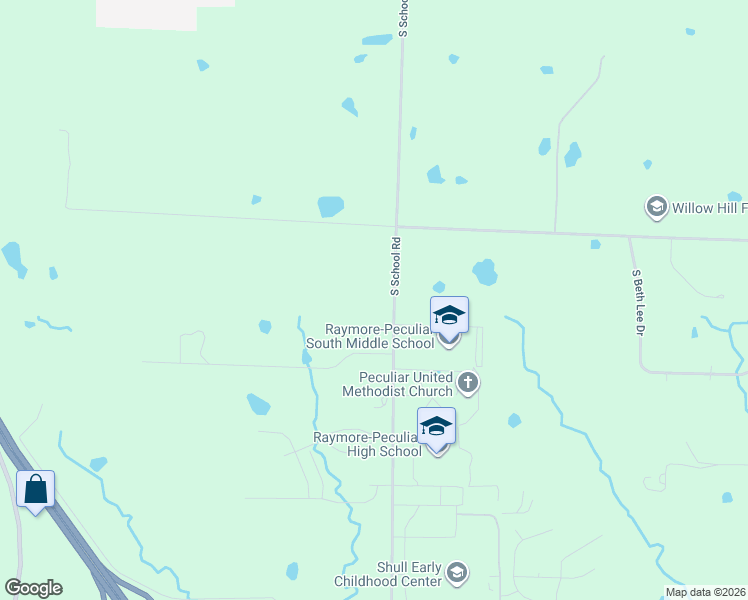 map of restaurants, bars, coffee shops, grocery stores, and more near 20820 South School Road in Peculiar