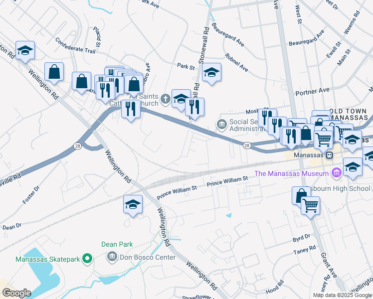 map of restaurants, bars, coffee shops, grocery stores, and more near 9469 Stonewall Road in Manassas