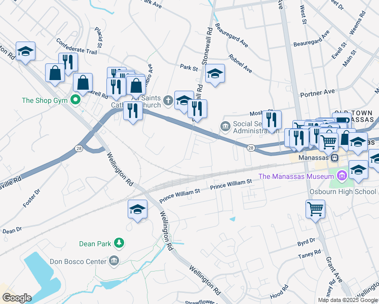 map of restaurants, bars, coffee shops, grocery stores, and more near 9469 Stonewall Road in Manassas