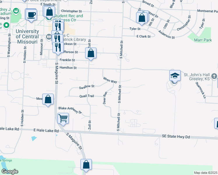map of restaurants, bars, coffee shops, grocery stores, and more near 518 Swallow Street in Warrensburg