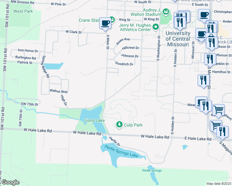 map of restaurants, bars, coffee shops, grocery stores, and more near 405 Southwest Drive in Warrensburg