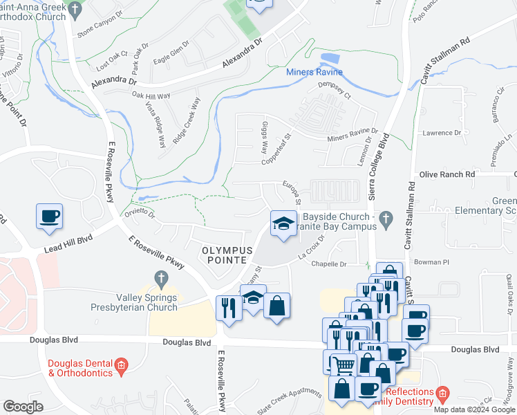 map of restaurants, bars, coffee shops, grocery stores, and more near 204 Skopas Court in Roseville