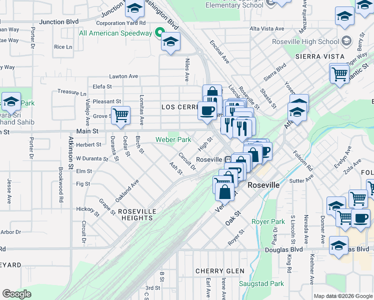 map of restaurants, bars, coffee shops, grocery stores, and more near 314 Berkeley Avenue in Roseville