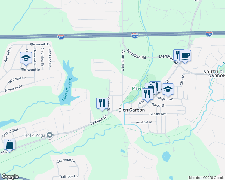 map of restaurants, bars, coffee shops, grocery stores, and more near 140 Center Street in Glen Carbon