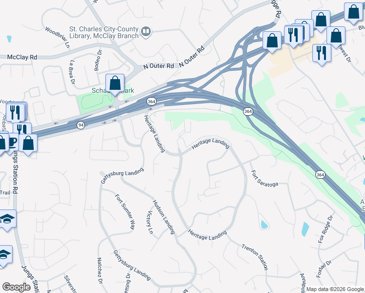 map of restaurants, bars, coffee shops, grocery stores, and more near 1446 Heritage Court in Saint Charles