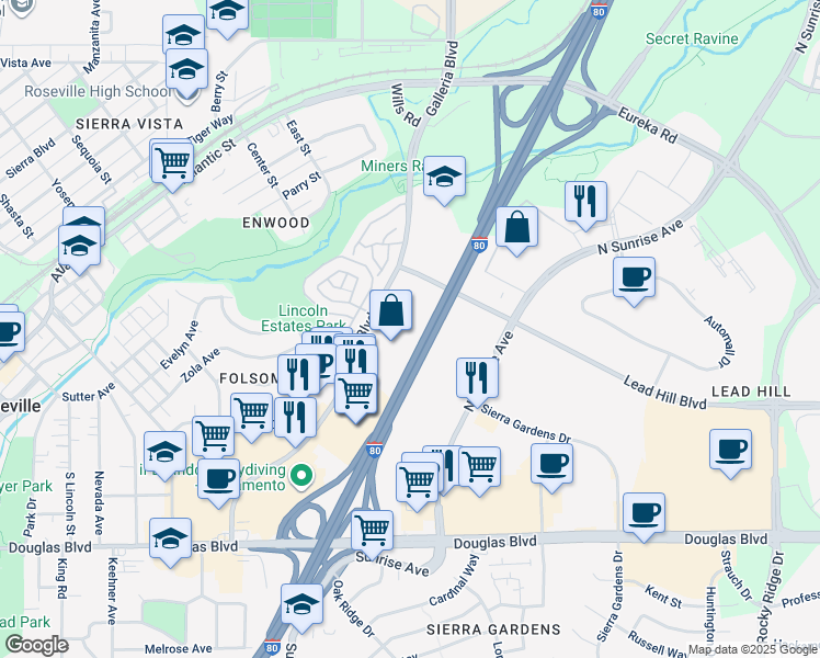 map of restaurants, bars, coffee shops, grocery stores, and more near 250 Harding Boulevard in Roseville
