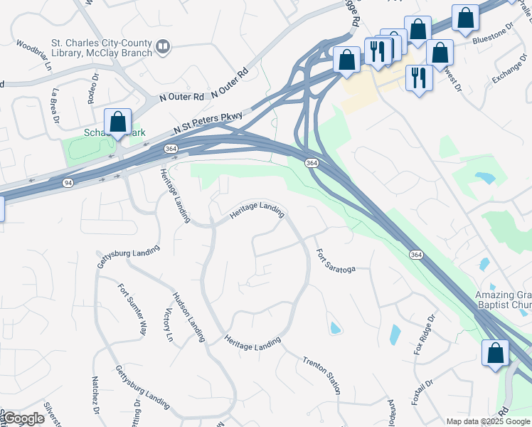 map of restaurants, bars, coffee shops, grocery stores, and more near 1427 Heritage Landing in Saint Charles