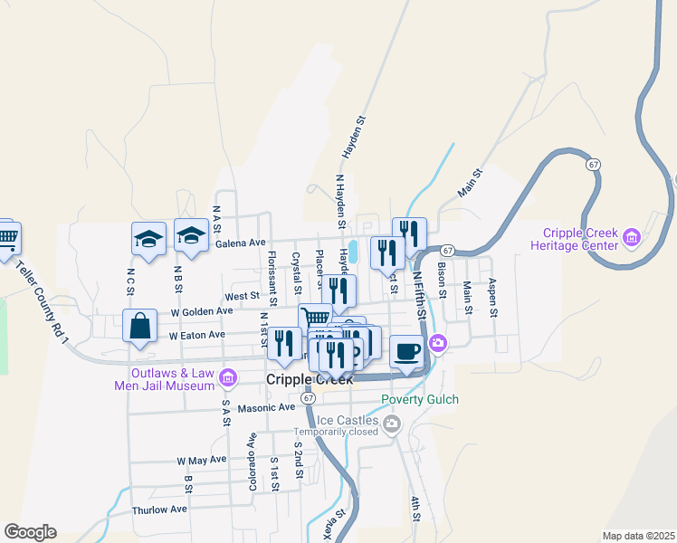 map of restaurants, bars, coffee shops, grocery stores, and more near 137 Hayden Street in Cripple Creek