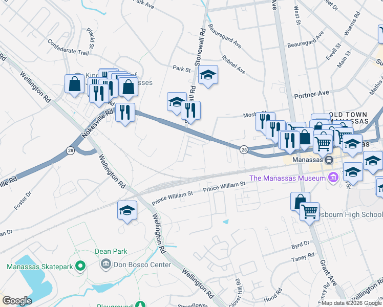 map of restaurants, bars, coffee shops, grocery stores, and more near 9541 Chancellorsville Lane in Manassas