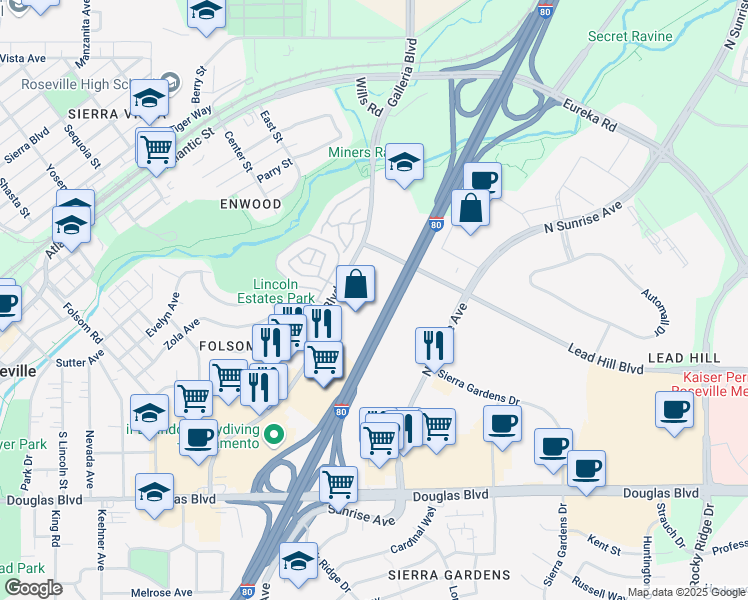 map of restaurants, bars, coffee shops, grocery stores, and more near 250 Harding Boulevard in Roseville