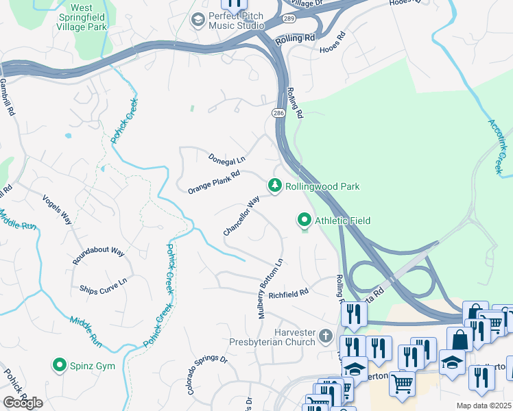 map of restaurants, bars, coffee shops, grocery stores, and more near 7517 Chancellor Way in Springfield