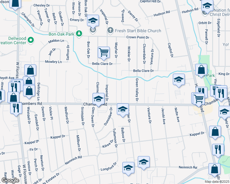map of restaurants, bars, coffee shops, grocery stores, and more near 10019 Mayfair Drive in St. Louis
