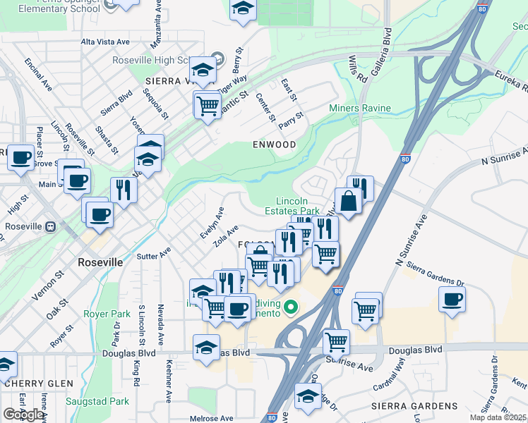 map of restaurants, bars, coffee shops, grocery stores, and more near 315 James Drive in Roseville