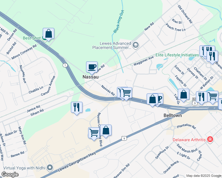 map of restaurants, bars, coffee shops, grocery stores, and more near 32283 Nassau Road in Lewes