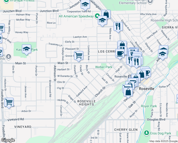 map of restaurants, bars, coffee shops, grocery stores, and more near 234 Birch Street in Roseville
