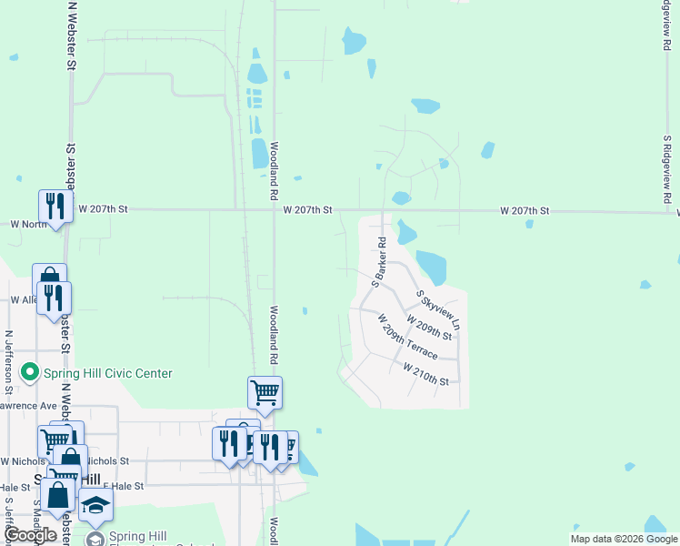 map of restaurants, bars, coffee shops, grocery stores, and more near 19553 West 207th Place in Spring Hill