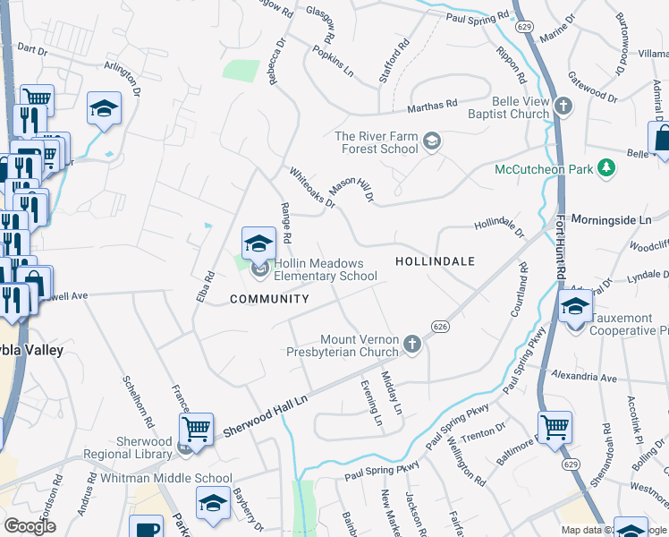 map of restaurants, bars, coffee shops, grocery stores, and more near 7621 Midday Lane in Alexandria