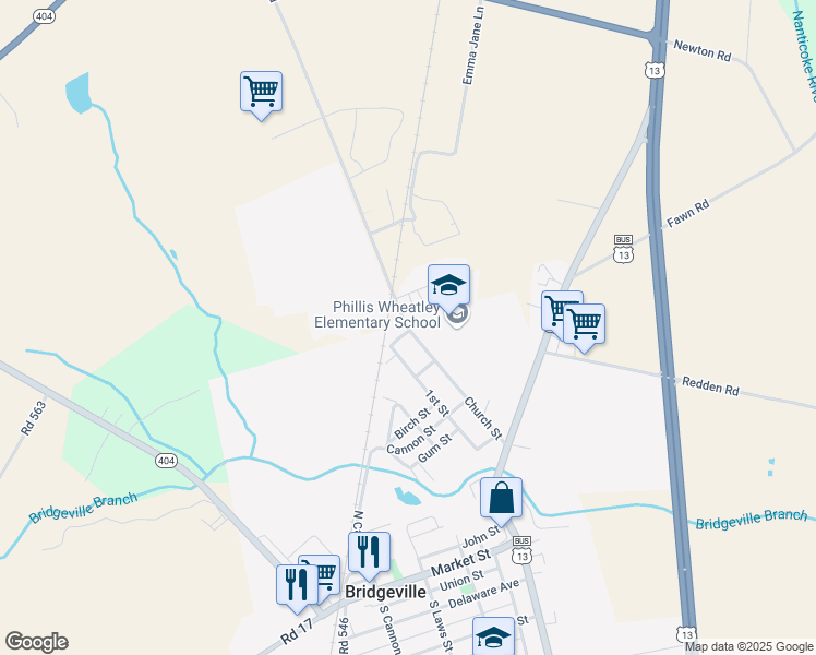 map of restaurants, bars, coffee shops, grocery stores, and more near 48 Church Street in Bridgeville