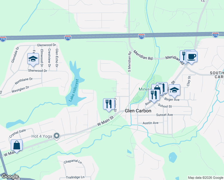 map of restaurants, bars, coffee shops, grocery stores, and more near 140 Center Street in Glen Carbon